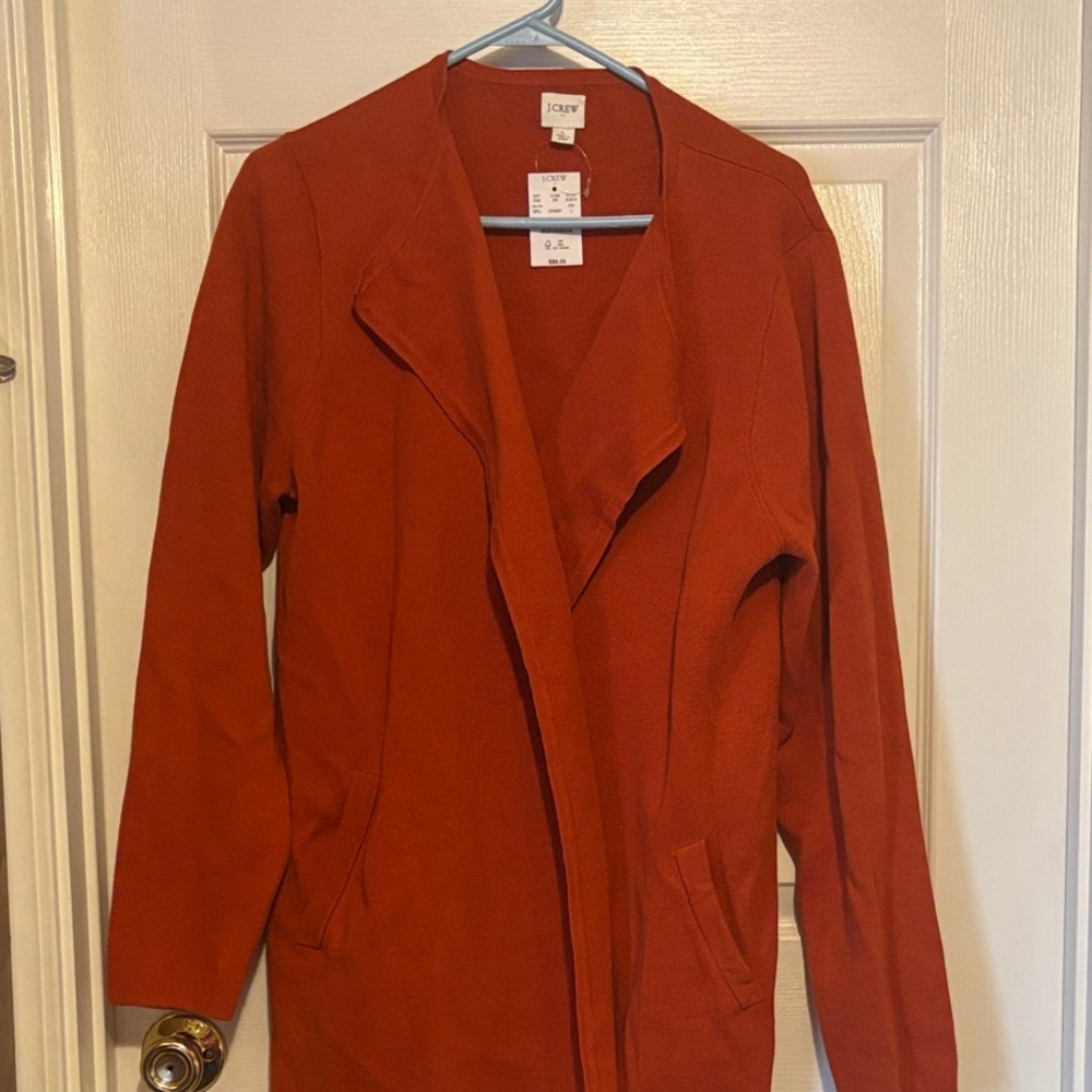 NWT J. Crew Vibrant Rust Cotton Long Sweater Jacket Sz L